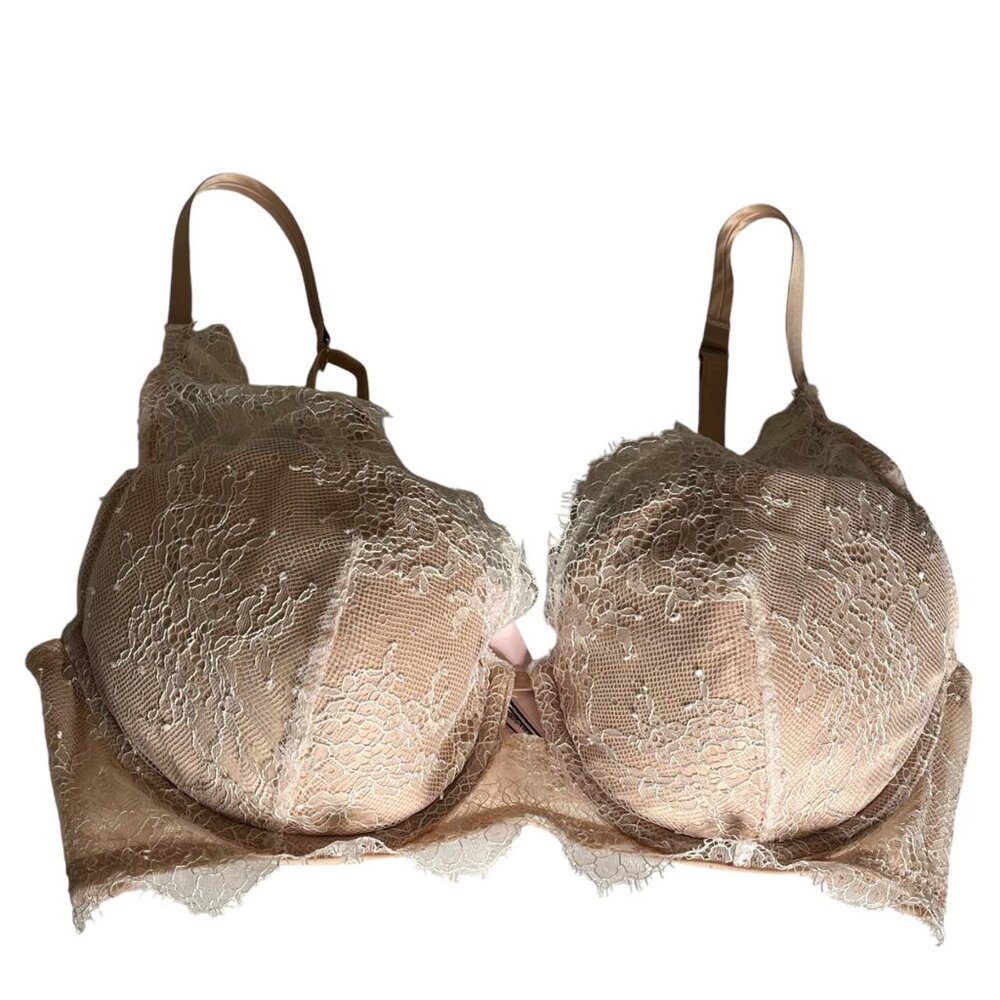 Victorias Secret Beige Lace Lined Plunge Bra 34D/D75 Adjustable Straps